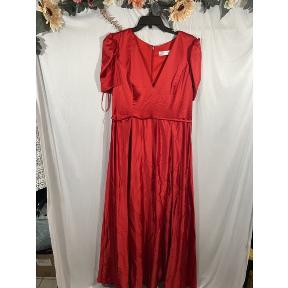 $398 IEENA Mac Duggal [ 14 ] Puff Sleeve Satin A-Line Gown in‎ Red - Picture 6 of 16